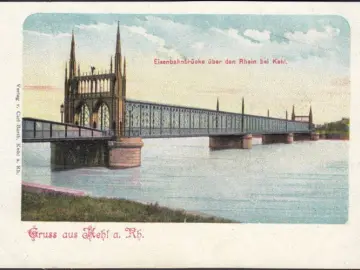AK Gruss aus Kehl, Eisenbahnbrücke über den Rhein, ungelaufen