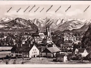 AK Kempten, Stadtansicht mit Bergkette, gelaufen 1951