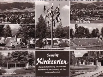 AK Kirchzarten, Campingplatz, Zelte, Fahnenmast, Schwimmbad, gelaufen 1961