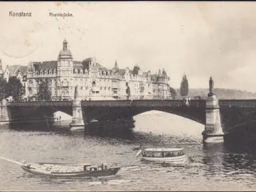 AK Konstanz, Rheinbrücke, Prüfstempel Armeekorps, gelaufen 1915