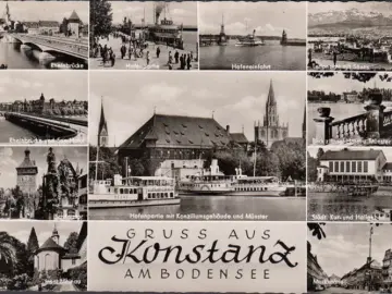 AK Konstanz, Hallenbad, Konziliumsgebäude, Hotel, Marktstätte, gelaufen 1957