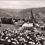 AK Langenburg, Schloss Cafe im Rosengarten, gelaufen 1958