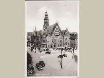 AK Breslau, Rathaus, Marktstände, Bratwurst Baude, gelaufen 1937
