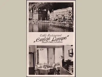 AK Bad Ems, Cafe und Restaurant, Ewige Lampe, gelaufen 1956