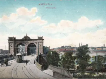 AK Mannheim, Rheinbrücke, Straßenbahn, Pferdewagen, gelaufen 1908