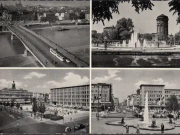 AK Mannheim, Kurpfalzbrücke, Wasserspiele, Paradeplatz, gelaufen 1958