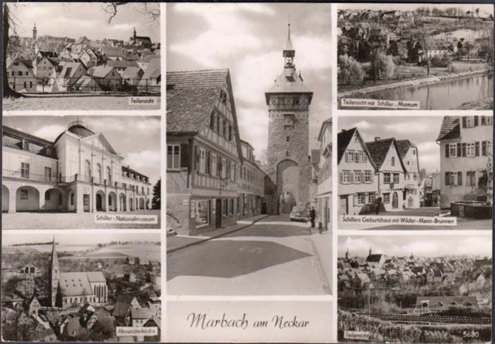 AK Marbach, Wilder Mann Brunnen, Nationalmuseum, Alexanderkirche, gelaufen