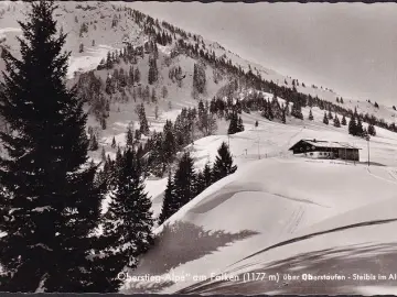 AK Oberstaufen, Oberstiegalpe mit Falken, gelaufen 1955