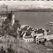 AK Meersburg, Altes Schloss, Dampfer, Schweizer Alpen, gelaufen 1954