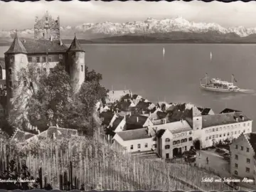 AK Meersburg, Altes Schloss, Dampfer, Schweizer Alpen, gelaufen 1954