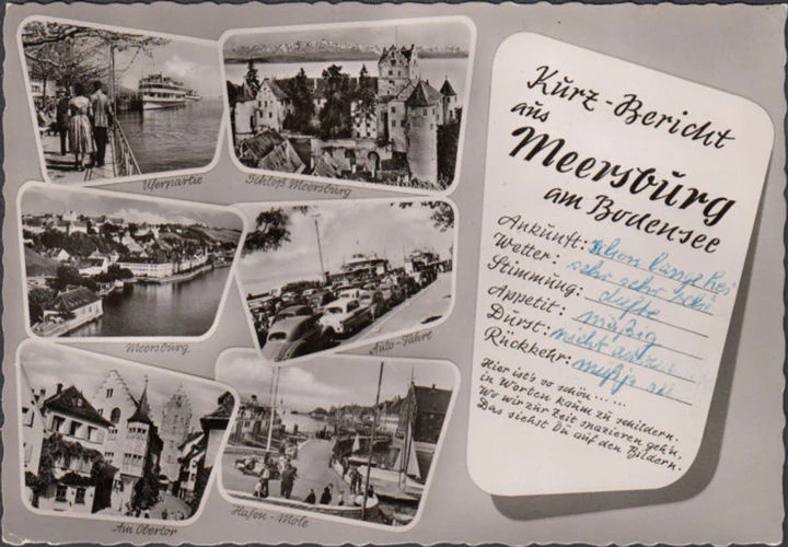 AK Meersburg, Hafen Mole, Uferpartie, Auto Fähre, Obertor, gelaufen 1962