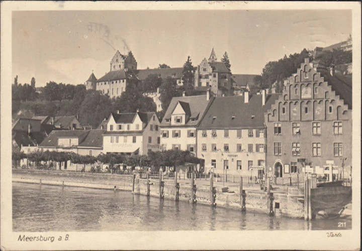 AK Meersburg, Strandcafe, Postamt, Stadtansicht, gelaufen 1950