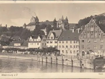 AK Meersburg, Strandcafe, Postamt, Stadtansicht, gelaufen 1950
