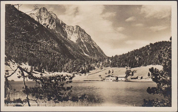 AK Mittenwald, Lautersee mit Wetterstein, Wirtschaft Lautersee, ungelaufen-datiert 1935