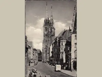 AK Nürnberg, Königstraße mit Lorenzkirche und Hotel, gelaufen 1956