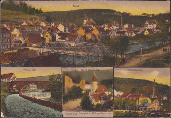 Gruss aus Pforzheim, Papierfabrik, Wassserfall, Kirche und Burg, gelaufen 1921