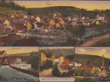 Gruss aus Pforzheim, Papierfabrik, Wassserfall, Kirche und Burg, gelaufen 1921