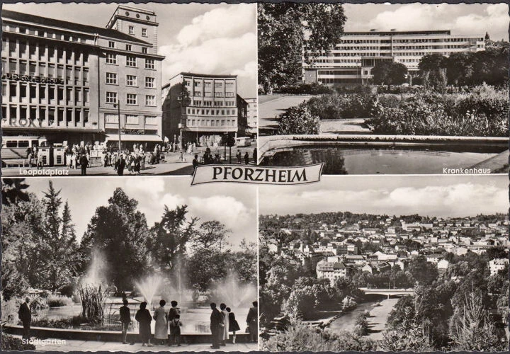 AK Pforzheim, Krankenhaus, Leopoldplatz, Stadtgarten, ungelaufen