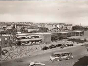AK Pforzheim, Bahnhof, Reisebus Elztal Express, gelaufen 1969