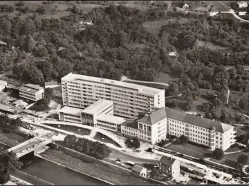 AK Pforzheim, Fliegeraufnahme, Städtisches Krankenhaus, gelaufen 1963