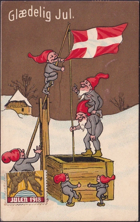 AK Dänemark, Glaedelig Jul, Zwerge hissen Flagge, Julen 1918, gelaufen 1918