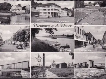 AK Nienburg, Kreishaus, Stadtbad, Langestraße, Georgstraße, Sperrwerk, gelaufen 1959