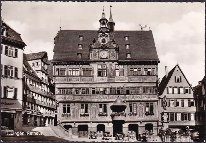 AK Tübingen, Rathaus, Verkehrsamt, Autohandel, Glas und Porzellan, ungelaufen