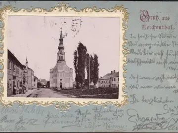 AK Gruss aus Reichenthal, Straßenansicht mit Kirche, Passepartout, gelaufen 1902