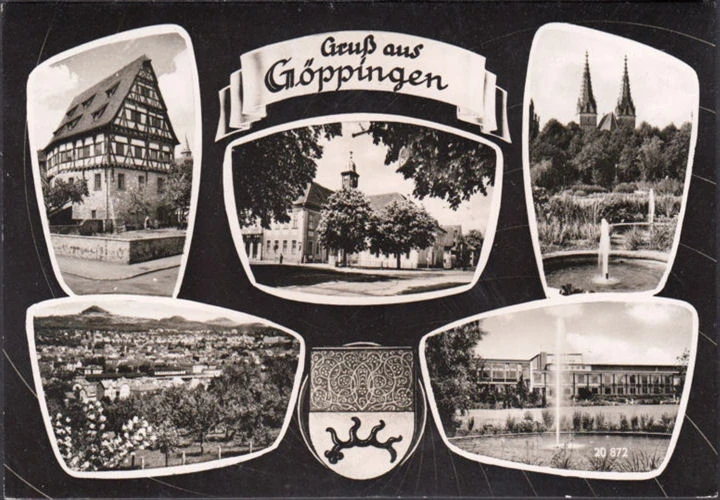 AK Göppingen, Krankenhaus, Marktplatz, Kirche, gelaufen 1964