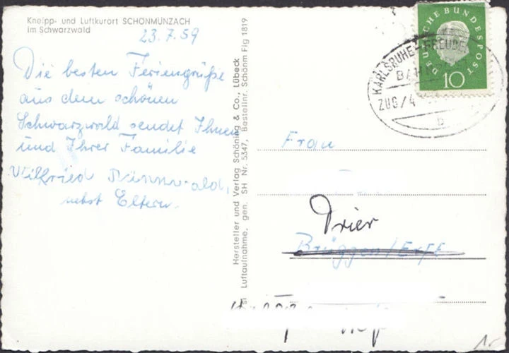AK Schönmünzach, Fliegeraufnahme, Bahnpost, gelaufen 1959
