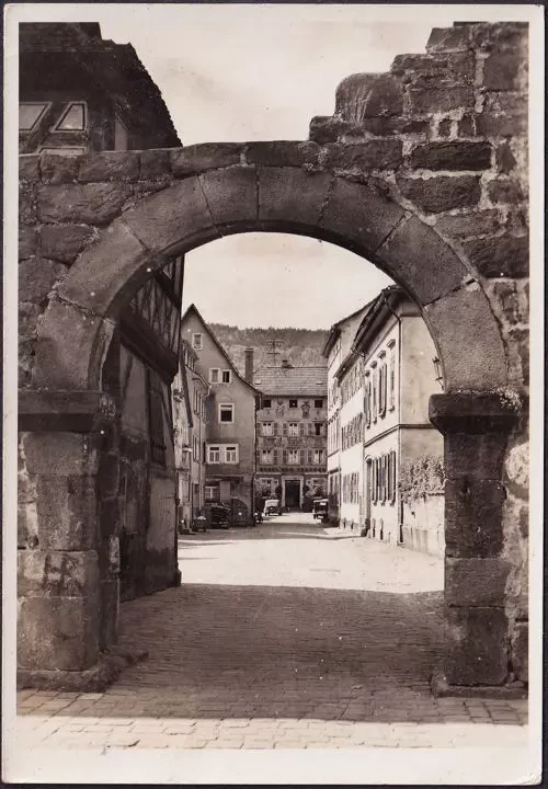 AK Eberbach, Tor zum Pfarrhof, gelaufen 1957