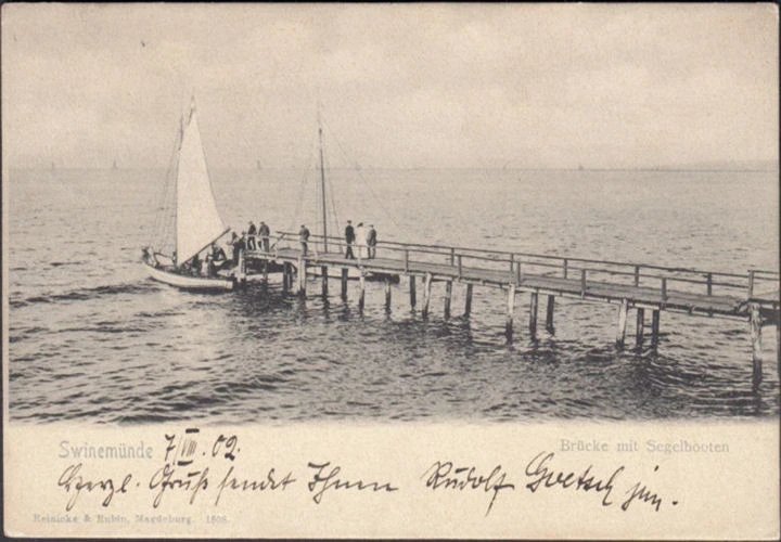 AK Swinemünde, Brücke mit Segelbooten, gelaufen 1902