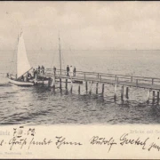 AK Swinemünde, Brücke mit Segelbooten, gelaufen 1902