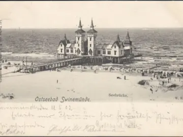 AK Swinemünde, Seebrücke, Strand, Strandkörbe, gelaufen 1902