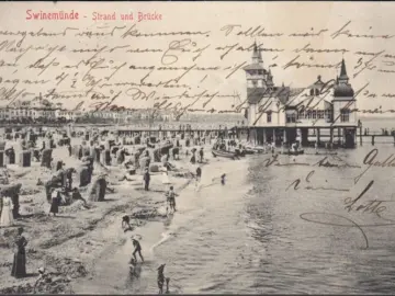 AK Swinemünde, Strand und Brücke, gelaufen 1908