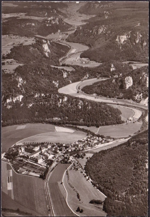 AK Oberes Donautal von Beuron bis Sigmaringen, Fliegeraufnahme, gelaufen 1962