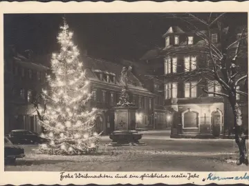 AK Heidelberg, Kornmarkt, Denkmal, Frohe Weihnachten, gelaufen 1958