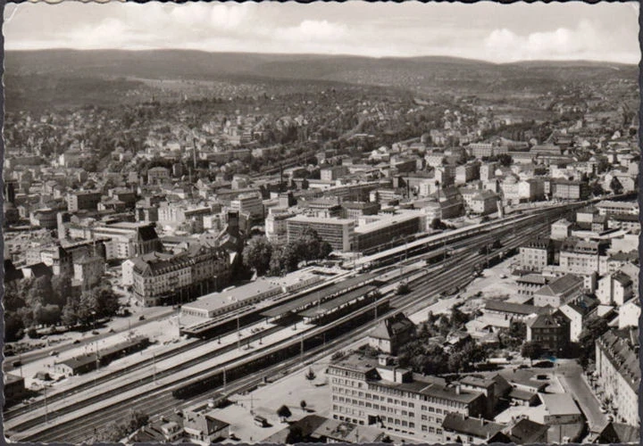 AK Pforzheim, Fliegeraufnahme, Bahnhof, Stadtansicht, Luftpost, gelaufen 1960