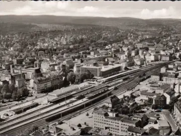 AK Pforzheim, Fliegeraufnahme, Bahnhof, Stadtansicht, Luftpost, gelaufen 1960